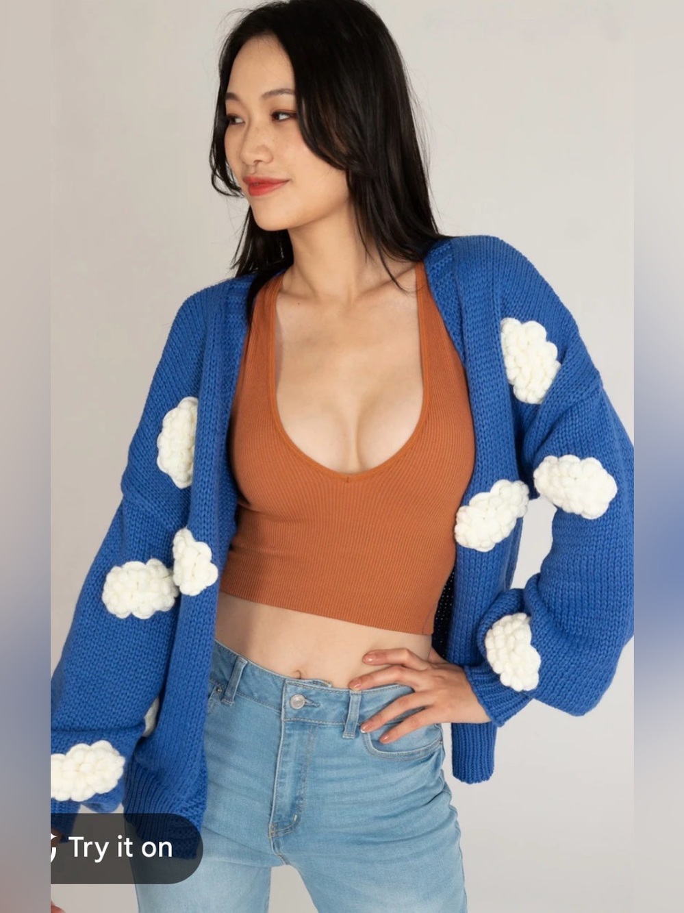 Blue Cloud Knit Cardigan Sweater - Cozy 3D Open Front L